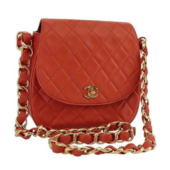 CHANEL Matelasse Chain Shoulder Bag Lamb Skin Orange Gold CC Auth 107881AV - Picture 1 of 16